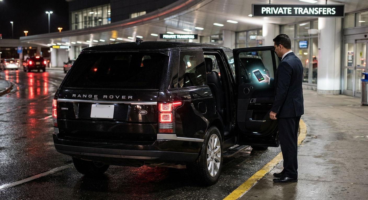 Chauffeur beside a black SUV at night taking a reservation call